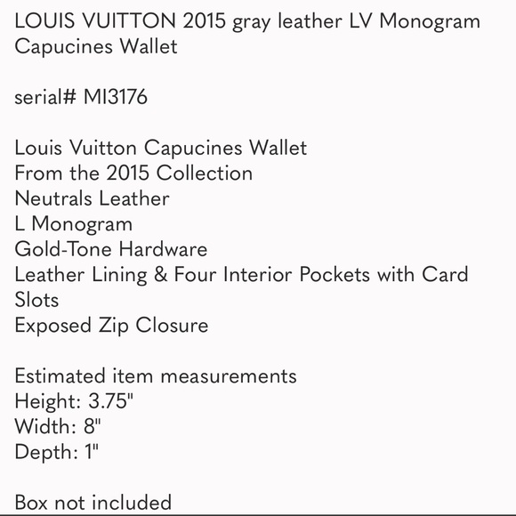 LOUIS VUITTON 2016 gray leather LV Monogram Capucines Wallet serial #MI3176 - Picture 6 of 6